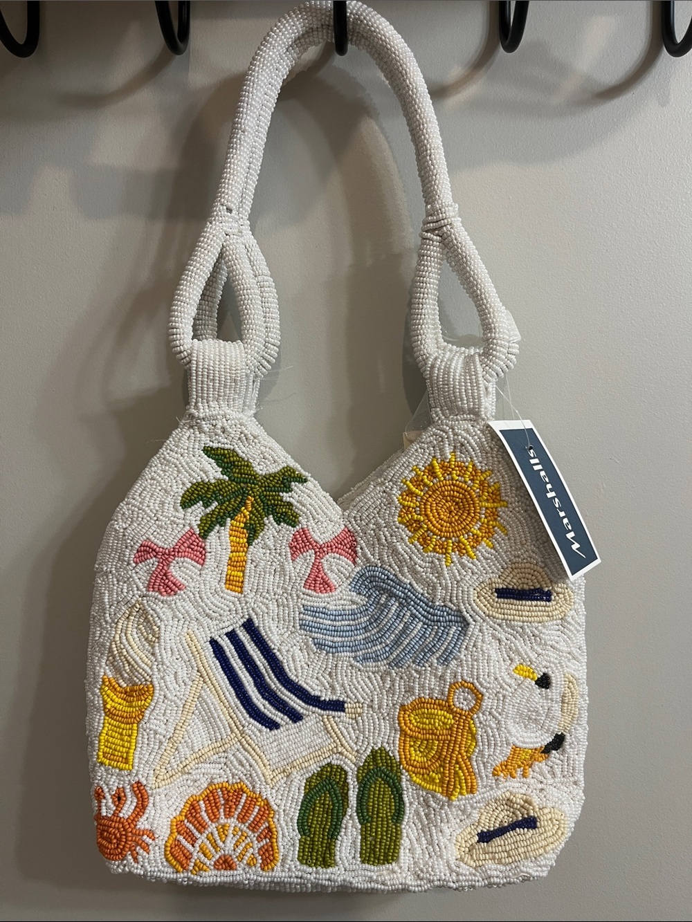 Hand-Beaded White Beach Motif Tote Bag